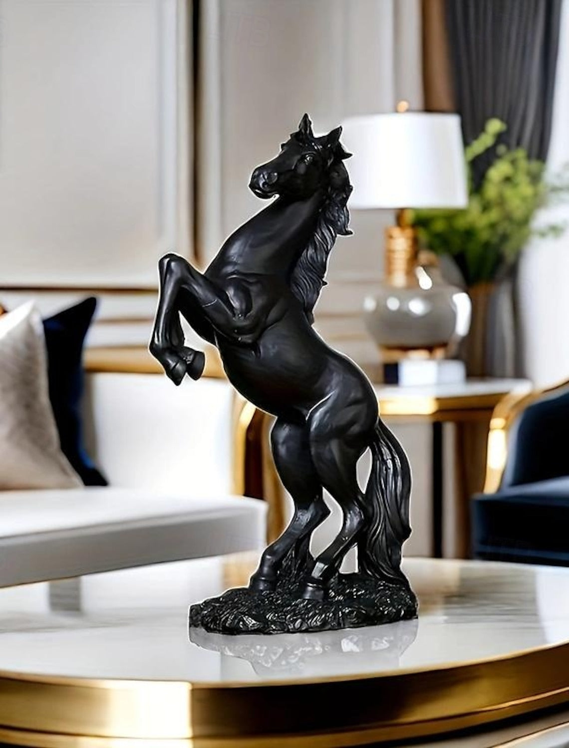 Elegant Resin Horse Statues, A Set of Three Majestic Horses in Black, White, and Golden, Perfect for Home Decor, Suitable for Entryways, Bar Carts, Living Rooms, and Offices