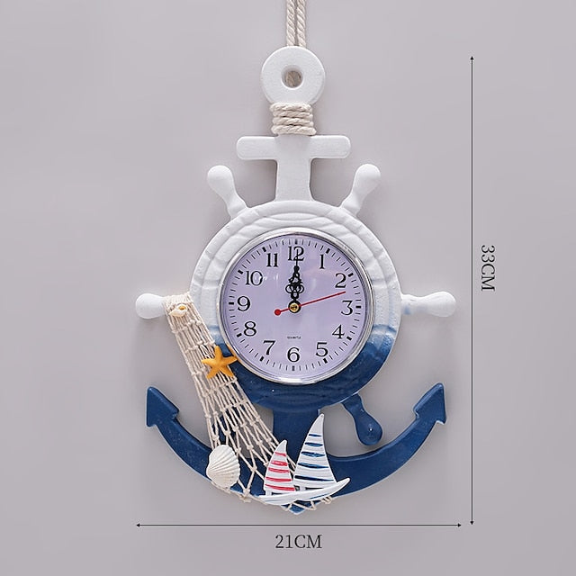 Mediterranean Style Blue and White Rudder Helmsman Anchor Personalized Wall Clock Clock Electronic Watch Decoration Navigation Clock Office Home Ocean Theme Wall Hanging